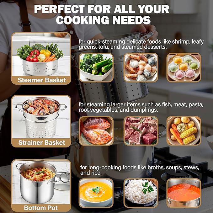 Cooks Standard Pasta Pot 18/10 Stainless Steel 12 Quart, Spaghetti Cooker Steamer Stock Pot Multipots with Strainer Insert, Stainless Steel Lid, 4-Piece Set