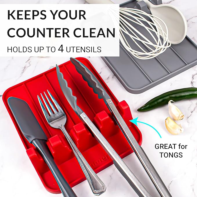 Silicone Utensil Rest and Spoon Holder, Heat Resistant Kitchen Spoon Rest for Multiple Utensils, Dishwasher Safe Drip Pad for Spatulas, Tongs, Ladles, and Spoons (Candy Red)