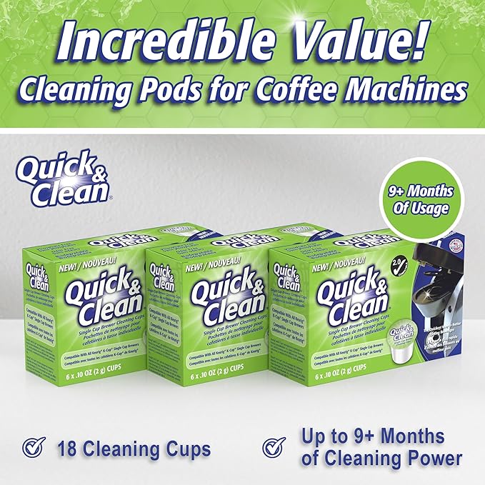 Quick & Clean [18-Pack] Cleaning Pods - K Cup Cleaner Pods for Keurig - 2.0 Coffee Machine Compatible, Removes Stains, Non-Toxic and Eco-Friendly