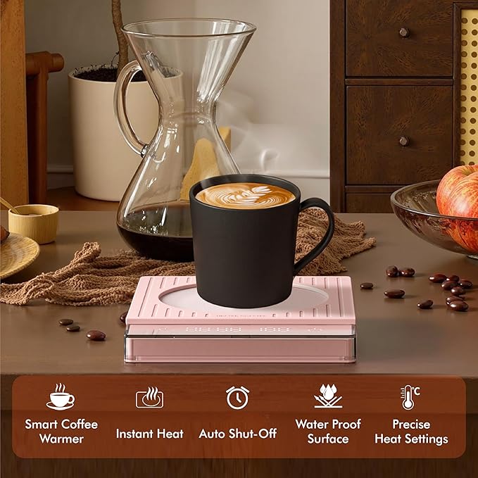 2026 New Smart Coffee Mug Warmer for Desk, Electric Cup Warmer with Auto Shut Off & Timer, 4 Temp Settings, Fast Heating Plate for Coffee, Tea, Candle Warmer, Smart Gift for Office & Home Use(Pink)