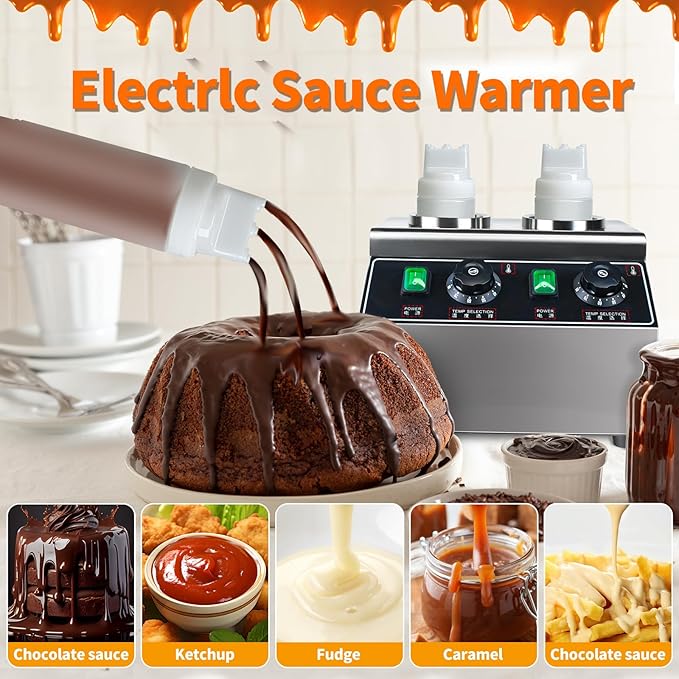 YOOKTEN Electric Sauce Bottle Warmer, 0.68x2 Qt Commercial Hot Fudge Warmer Hot Chocolate Warmer and Dispenser Nacho Cheese Warmer,86-185℉Sauce Warmer Dispenser,Double Bottles Nacho Cheese Warmer