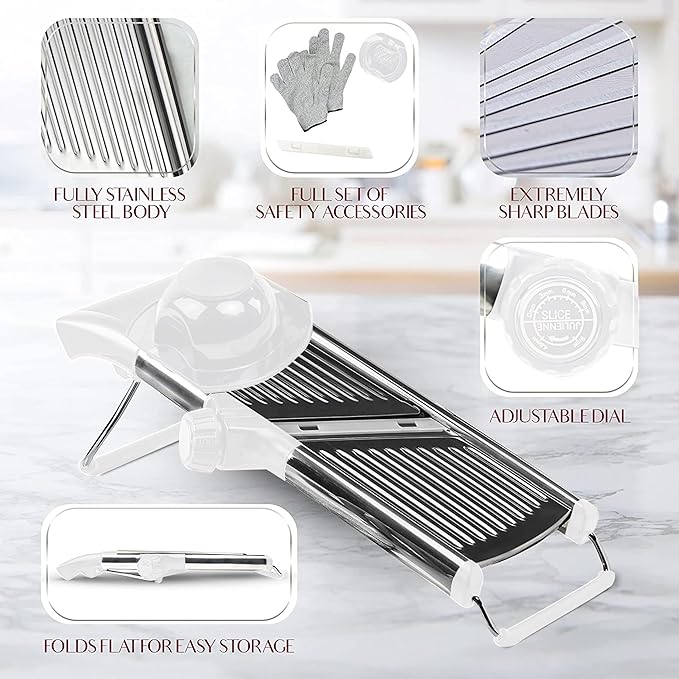 Gramercy Adjustable Mandoline Food Slicer, Mandoline Slicer for Kitchen, Mandolin, Potato, Tomato, Carrot, Vegetable, Fruit and Onion Cutter - Stainless Steel - INCLUDING 1 Pair Cut-Resistant Gloves