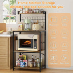 YESHOMY Kitchen Baker’s Rack with Power Outlet, 4-Tier Microwave Stand, Coffee Bar with 5 S-Shaped Hooks, Heavy Duty Storage Shelf Unit for Spices, Pots, Rustic Brown