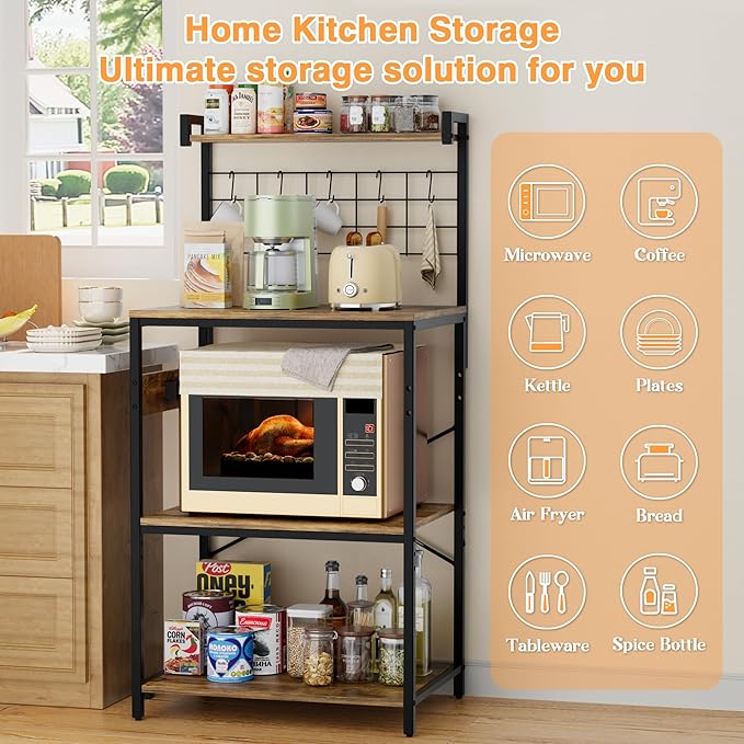 YESHOMY Kitchen Baker’s Rack with Power Outlet, 4-Tier Microwave Stand, Coffee Bar with 5 S-Shaped Hooks, Heavy Duty Storage Shelf Unit for Spices, Pots, Rustic Brown