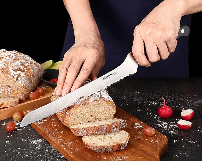 10 Inch Serrated Offset Bread Knife, Premium Stainless Steel Blade with Wave Edge, Full Tang Handle, Razor Sharp for Bread, Durable Professional Kitchen Knife, Black
