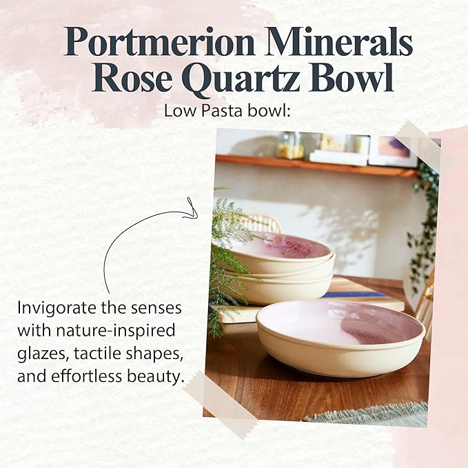 Portmeirion Minerals 8.7-Inch Low Serving Bowl, Rose Quartz - Stoneware from Recycled Clay, Handmade in Portugal, Reactive Glaze for a Unique Look, Microwave & Dishwasher Safe - Decorative Modern Bowl