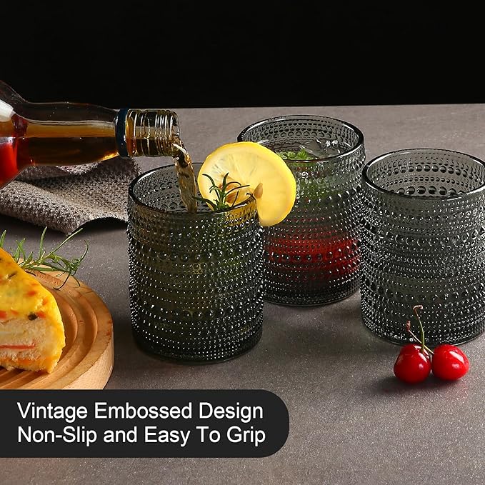 Vintage Glassware Drinking Glasses Set of 6,12 oz Hobnail Glass Cups,Embossed Grey Water Tumbler,for Beer,Cocktail,Whiskey,Juice and Various Mixed Drinks- 1 Cleaning Brush