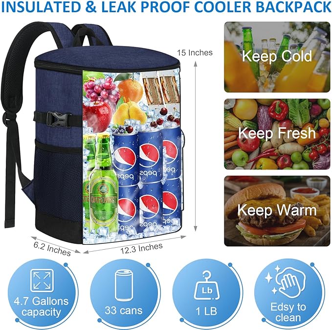 Cooler Backpack 33 Cans Backpack Coolers Insulated Leak Proof Soft Beach Cooler Bag for Men Women Ice Chest Backpack Camping Hiking Picnic Travel Cooler Lunch Backpack