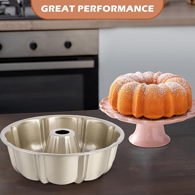 E-far 10 Inch Fluted Cake Pan, Nonstick Tube Pan for Baking Pound Cake, Heavy Duty Carbon Steel Round Baking Mold, Easy Release & Easy to Clean, 10 Cup, Champagne Gold