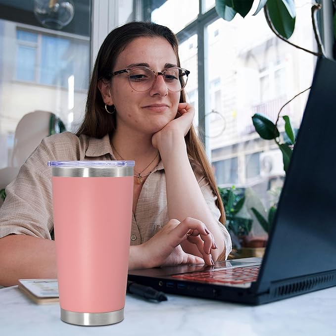 20 oz Tumbler Coffee Tavel Tumblers Bulk with Lid Stainless Steel Double Wall Vacuum Insulated Mug Powder Coated Cups fit Car Cupholder for Hot and Cold - Pink, 8Pack