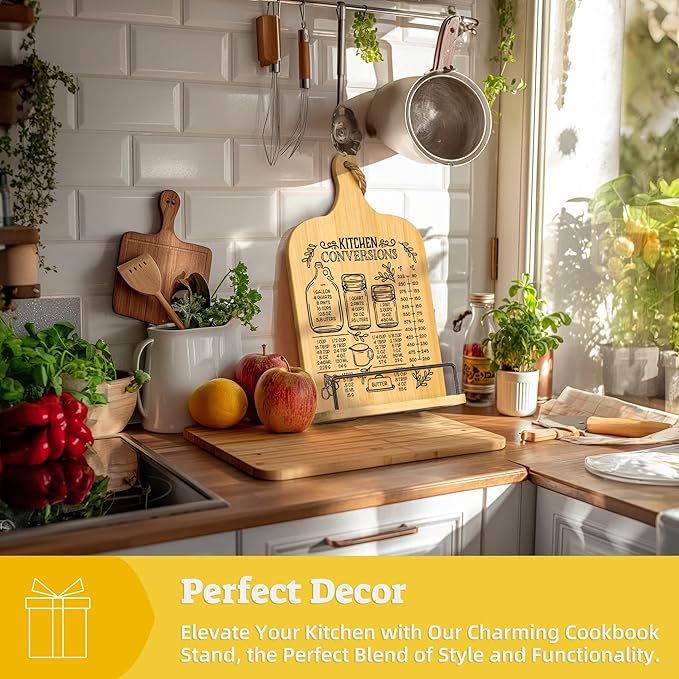 Kitchen Conversion Chart Cookbook Stand, Recipe Holder for Kitchen Counter, Cookbook Holder Stand, Kitchen Book Holder, Unique Gifts for Women, Natural Wood Color