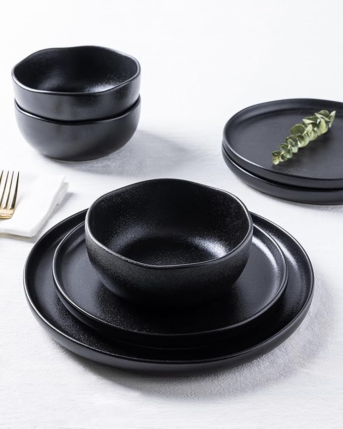 TheTerra Ceramic Dinnerware Sets for 4, 12 Pieces Porcelain Lightweight Plates and Bowls Sets, Scratch Resistant Dish Set, Oven & Microwave & Dishwasher Safe, Black