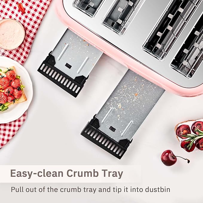 Roter Mond Toaster 4 Slice Retro Stainless Steel with Extra Wide Slots Bagel, Defrost, Reheat Function, Dual Independent Control Panel, Removable Crumb Tray, 6 Browning Levels, Pink