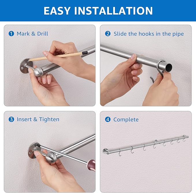ROTHLEY Hanging Pot Rack Hanger: 39.4 Inch Stainless Steel Pot and Pan Hanger Pot Rack Wall Mounted Hanging Pots and Pans Rack Pot Hangers for Kitchen Wall Kitchen Rail with Hooks (Brushed)