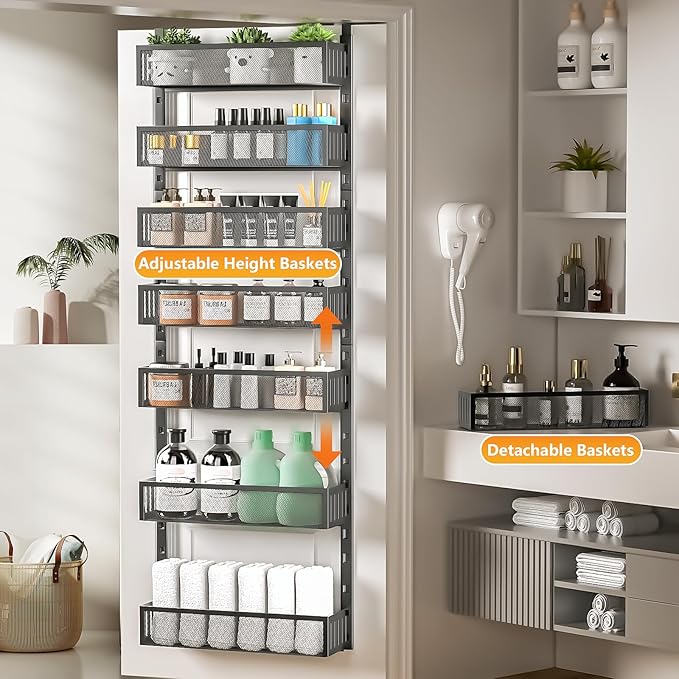 8-Tier Over The Door Pantry Organizer with Mesh Baskets, Adjustable & Stable Hanging Spice Rack for Kitchen, Bathroom, Bedroom, and Baby Essentials Storage (16" W 8-Tiers, Black)