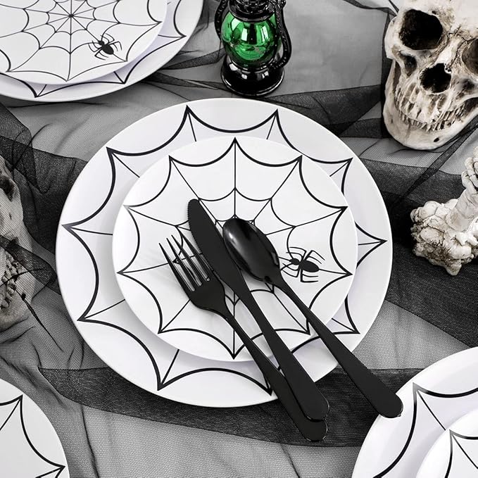 WDF 60Pieces Halloween Plates Disposable Plastic - White and Black with Cobwebs plates Dinnerware include 30PCS 10.25inch and 30PCS 7.5inch Plates for Halloween