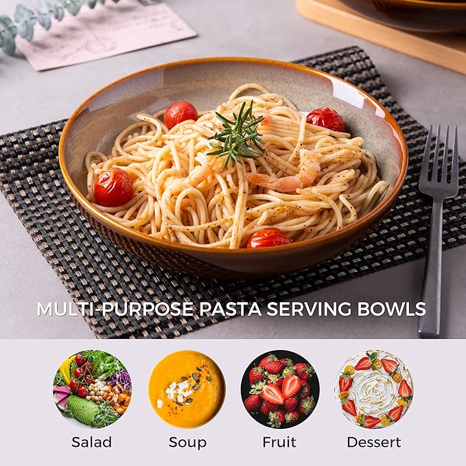 LERATIO Large Pasta Bowls,38oz Ceramic Pasta Bowls,9.0" Reactive Glaze Pasta Bowl Set of 4,Microwave & Dishwasher,Oven Safe,Wide Serving Bowls for Salad,Pasta,Fruit,Scratch Resistant-Khaki