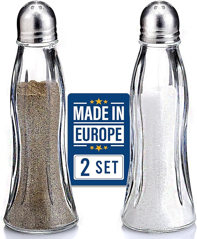 Salt and Pepper Shakers Glass Set, Clear Curved Design, Classic Restaurant Style, Glass Body with Stainless Steel Lids, 4.7 in