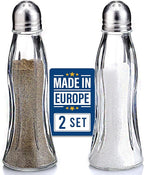 Salt and Pepper Shakers Glass Set, Clear Curved Design, Classic Restaurant Style, Glass Body with Stainless Steel Lids, 4.7 in