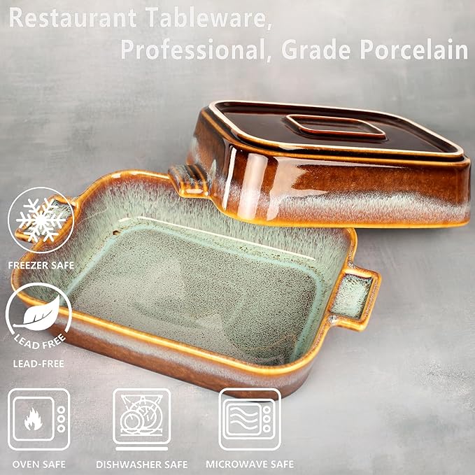 Rectangular 9.5 x 7 Casserole Dish, 47 oz Ceramic Au gratin Baking Dish with Handles, or for mixing, salad, pasta plate, Best gift for those who love baking, Microwave, Oven safe