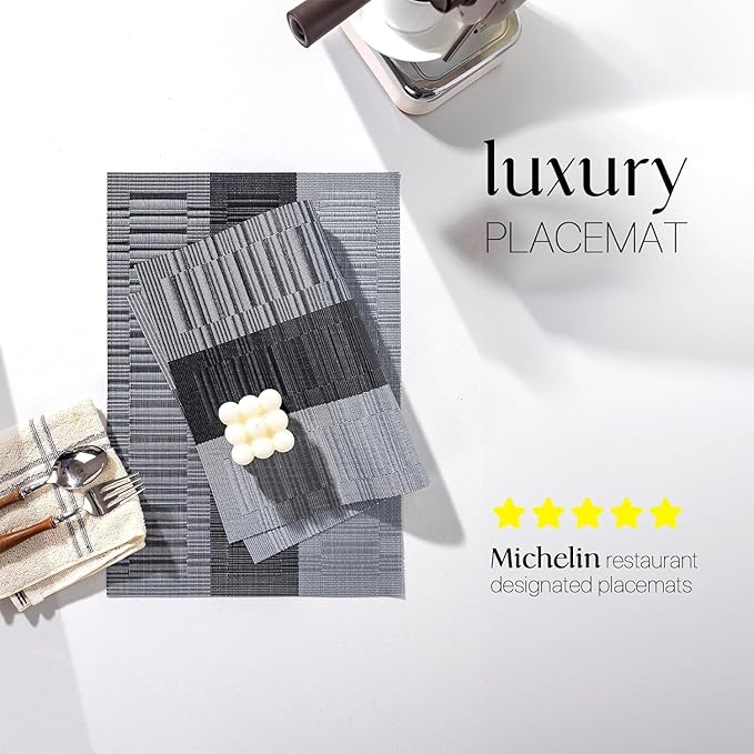 LEXMORE PlaceMats Set of 12 Vinyl/Plastic Woven Place Mats for Kitchen Table Indoor/Outdoor Washable PlaceMat Wipeable Dining Table Mats(Silver Gray Black)