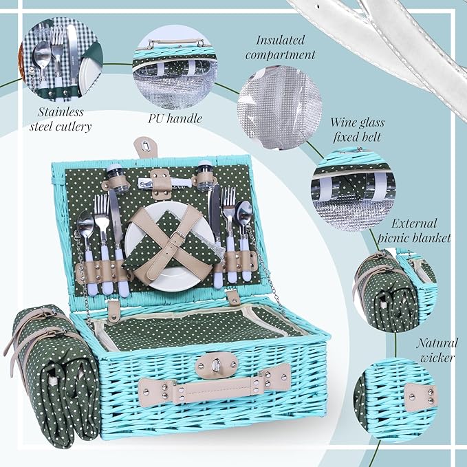 YPshuye Picnic Basket Set for 4 with Waterproof Blanket Mat Insulation Bag Wicker Blue Green Light Hawaiian Tropical Style Gift for Wedding Birthday Summer Camp Outdoor Camping Beach Travel Christmas