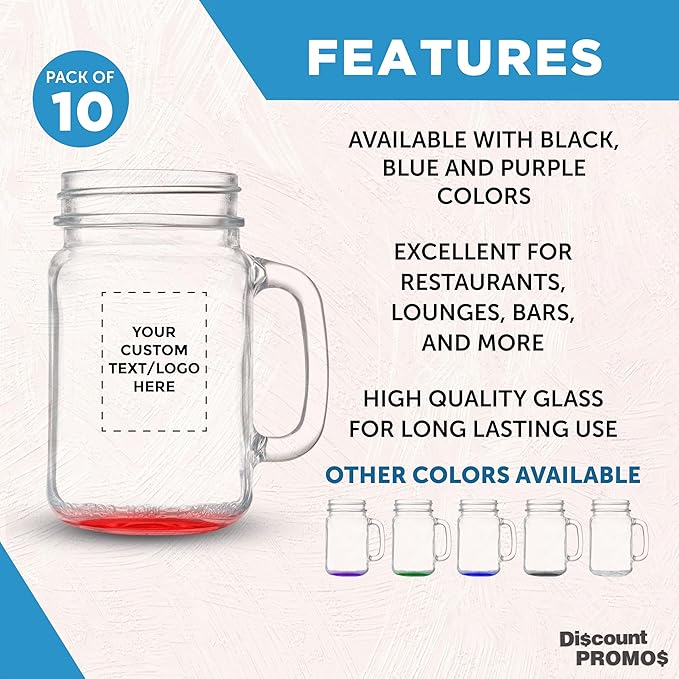 DISCOUNT PROMOS Custom Libbey Mason Jars w/Handles 16 oz. Set of 10, Personalized Bulk Pack - Traditional style, High standard - Red