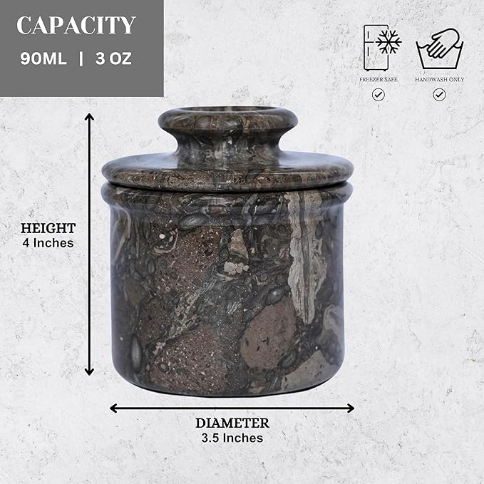 Oceanic Marble Butter Crock with Lid: 4" Gray Marble Handmade Butter Storage Dish - Stylish Kitchenware