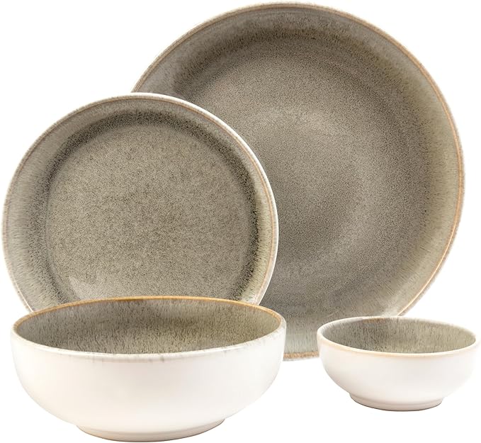 Sango Resona Moss 16-Piece Green Dinnerware Set – Service for 4, Plate & Bowl Set, Durable Stoneware with Reactive Glaze Finish, for Everyday Dining & Entertainment, Microwave & Dishwasher Safe