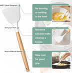 E-far White Cooking Utensils Set with Holder, 25-Piece Silicone Kitchen Utensil Set with Wooden Handle for Nonstick Cookware, 446°F Heat Resistant Kitchen Tool Spatula Tongs Whisk, Non-toxic & Healthy