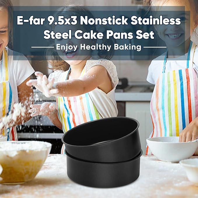 E-far 9½ x 3 Inch Cake Pan Set of 2, Nonstick Stainless Steel Round Cake Pans Tin for Baking Birthday Wedding Layer Cakes, Stainless Steel Core & Non-toxic Coating, Deep & Straight Side