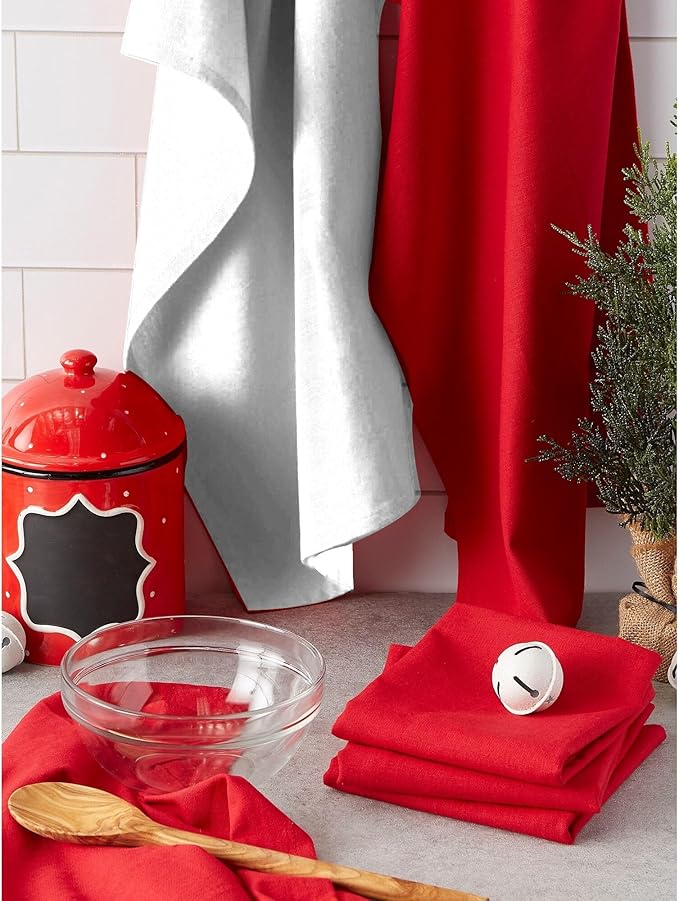 Kitchen Towels Cotton Solid Dish Cloths Kitchen Hand Towel Reusuable Dish Towel for Cleaning Tea Towels Set with Hanging Loop - 18"x 28",Red & White, Pack of 2