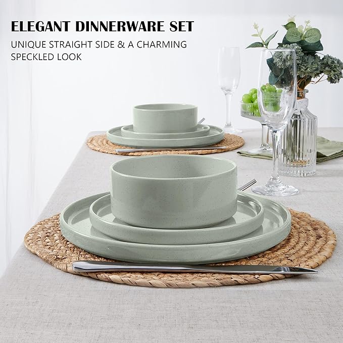 E-far Dinnerware Sets for 6, 18-Piece Stoneware Plates and Bowls Dish Set, Modern Kitchen Dinning Dishware, Chip and Scratch Resistant, Microwave & Dishwasher Safe, Speckled Green