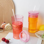 Joeyan 22 oz Pink Glass Tumbler with Straw and Lid for Iced Tea Coffee Smoothie Water Juice Beverages Soda,Ribbed Glasses Cups,Borosilicate Drinking Jar,Set of 2,Dishwasher Safe