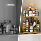 Two Tier Lazy Susan Organizer Turntable Height Adjustable, 12 Inch Wood Lazy Susan 2 Tier, Rotating Spice Rack Organizer for Cabinet Dining Table Top Kitchen Bathroom Countertop Black