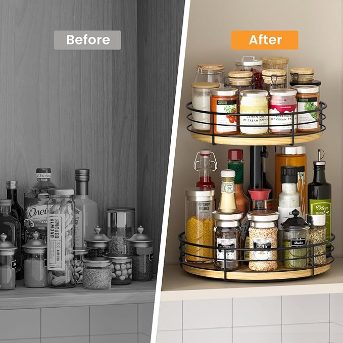 Two Tier Lazy Susan Organizer Turntable Height Adjustable, 12 Inch Wood Lazy Susan 2 Tier, Rotating Spice Rack Organizer for Cabinet Dining Table Top Kitchen Bathroom Countertop Black