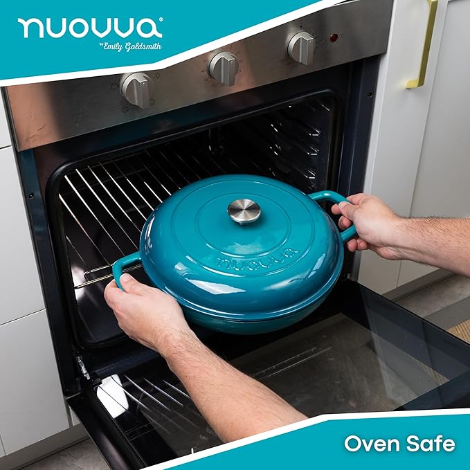Shallow Cast Iron Casserole with Lid – Non Stick Dutch Oven Pot, Oven Safe up to 500° F – Sturdy Ovenproof Stockpot Cookware – Enamelled Cooking Pot – Teal, 5-Quart, 32cm – by Nuovva