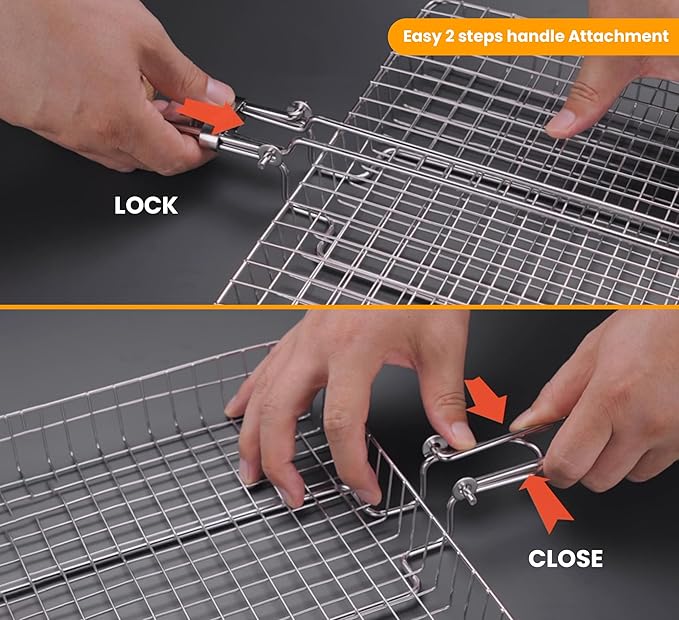 Fish Grill Baskets for Outdoor Grill Vegetables, Fish Grilling rack for Grill, BBQ Grilling Basket, Stainless steel Grill Basket for Veggies, shrimp Includes 5 Steel Skewers, Silicon Brush, and Carry Bag