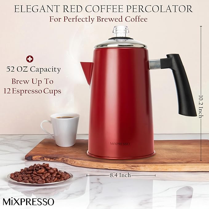 Mixpresso Red Stainless Steel Coffee Percolator Stovetop, 52 oz Classic Percolator Coffee Pot, Great For Camping Pot, 12 Cup Stove Top Espresso Maker, Cool-Touch Handle