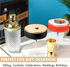 VEMACITY - Luxury Gold Cocktail Shaker Set - 15oz Glass Shaker with Strainer, 2 Gold-Rim 10oz Ribbed Martini Glasses and Bar Tools - Wedding Gift and Gift Sets