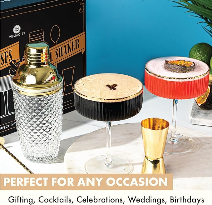 VEMACITY - Luxury Gold Cocktail Shaker Set - 15oz Glass Shaker with Strainer, 2 Gold-Rim 10oz Ribbed Martini Glasses and Bar Tools - Wedding Gift and Gift Sets