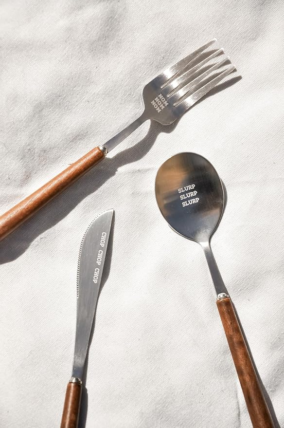 Fun Lightweight Stainless Steel Flatware Set with Walnut (4 Sets, NOM CHOP SLURP)