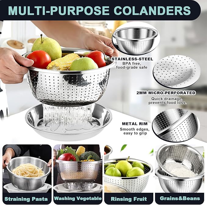 4+3 Stainless Steel Colander Set, 4 Sizes (1.8 qt, 2.3 qt, 3 qt, 4 qt) with 1 Mesh Strainer + 2 10-inch Stainless Steel Round Plates, for Washing Rice, Fruits, Vegetables, Draining Pasta, Meat