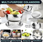 4+3 Stainless Steel Colander Set, 4 Sizes (1.8 qt, 2.3 qt, 3 qt, 4 qt) with 1 Mesh Strainer + 2 10-inch Stainless Steel Round Plates, for Washing Rice, Fruits, Vegetables, Draining Pasta, Meat