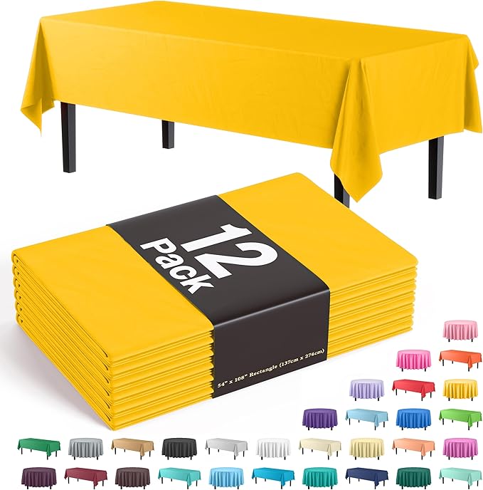 Exquisite 12-Pack Premium Plastic Tablecloth 54in. x 108in. Rectangle Table Cover - Yellow