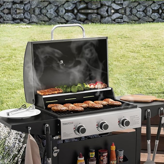 Royal Gourmet GH3001H 3-Burner Propane Gas Grill with Warming Rack, Outdoor BBQ Grill with 30,000 BTUs Output & 496 Sq. In. Grilling Area for Patio, Backyard and Balcony, Black
