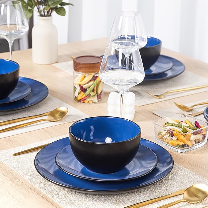 Plates and Bowls Sets for 4 - CJDC-QUELO 16-Piece Stoneware Dinnerware Sets, Ceramic Dishware Set for Indoor Kitchen Use and Formal Dining, Chip and Scratch Resistant Microwave Dishwasher Safe, Blue
