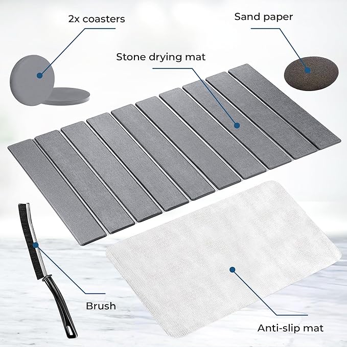 Premium Stone Dish Drying Mat – Large Foldable Kitchen Counter Mat, Super Absorbent Diatomaceous Earth with Coasters, Brush & Anti-Slip Pad – Fast Drying, Dark Gray