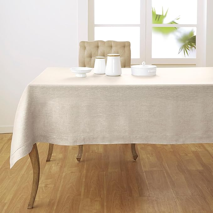 Solino Home Linen Light Natural Tablecloth 60 x 120 Inch - Classic Hemstitch, 100% Pure Linen Rectangular Tablecloth - Machine Washable Table Cloth for Summer, Fall, Autumn
