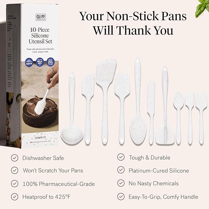 GIR: Get It Right 10 Piece Silicone Utensil Set - Ladle, Spatula, Flip, Spoon & Spoonula, Non-Stick, Heat Resistant, Dishwasher Safe, Silicone Kitchen Utensils, Baking Supplies